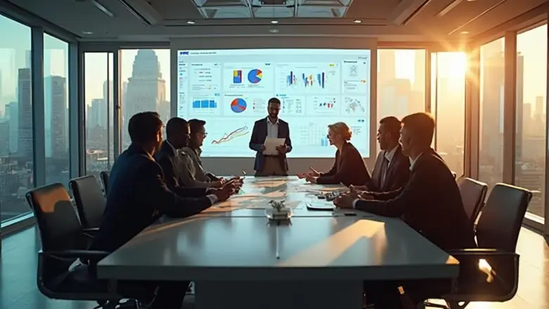 A group of business professionals in a conference room reviewing financial data on a large display.