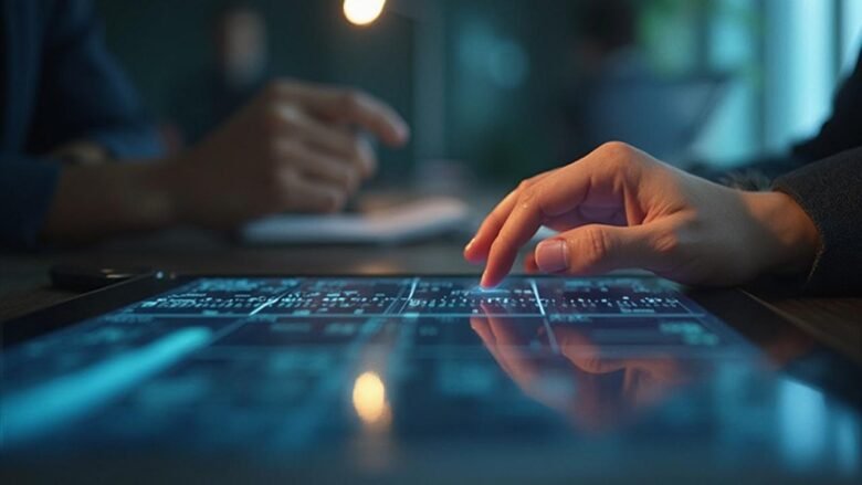 Close-up of a person's hands typing on a keyboard in a dimly lit room