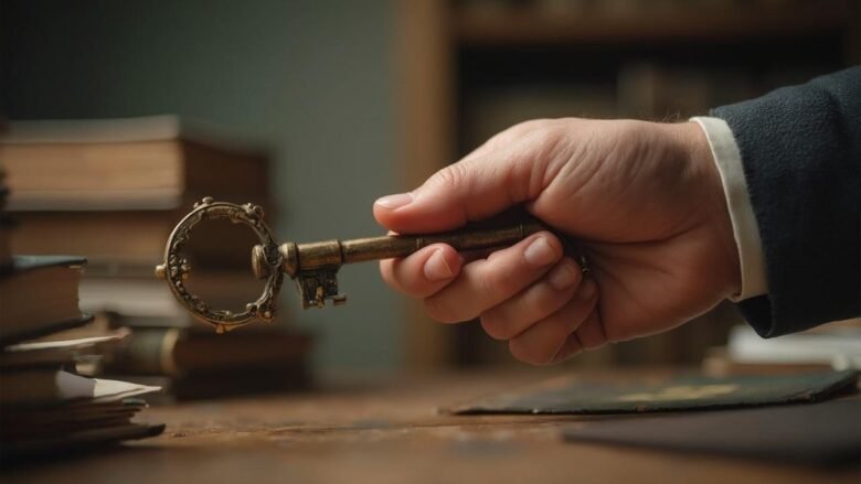 A hand in a suit sleeve grasping an ornate, vintage-style metal key