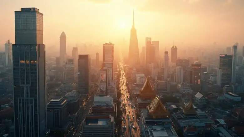 Aerial view of bustling Bangkok skyline at sunset