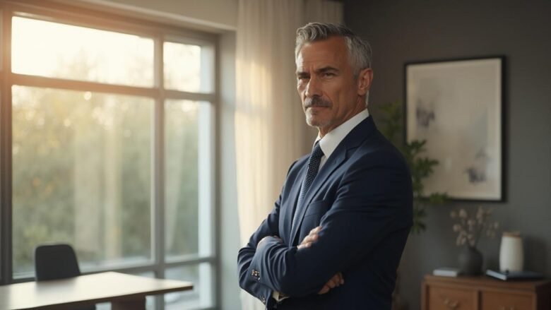 A mature businessman standing with his arms crossed, looking thoughtful near a window