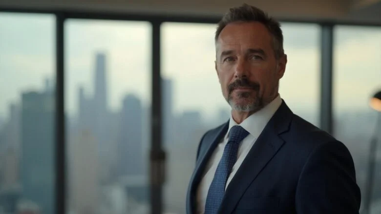 A serious-looking businessman standing in front of a window overlooking a city skyline